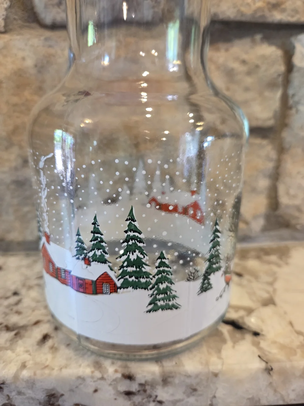 Vtg KIG Christmas Juice Carafe Pitcher Winter Wonderland Sleigh Cabin Red Lid
